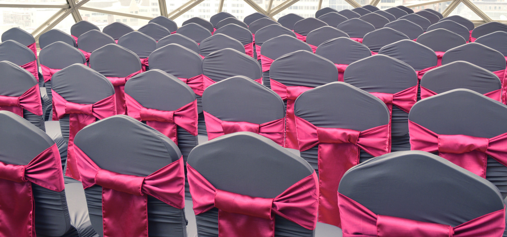 Matte satin sash ties over stretch spandex chair covers
